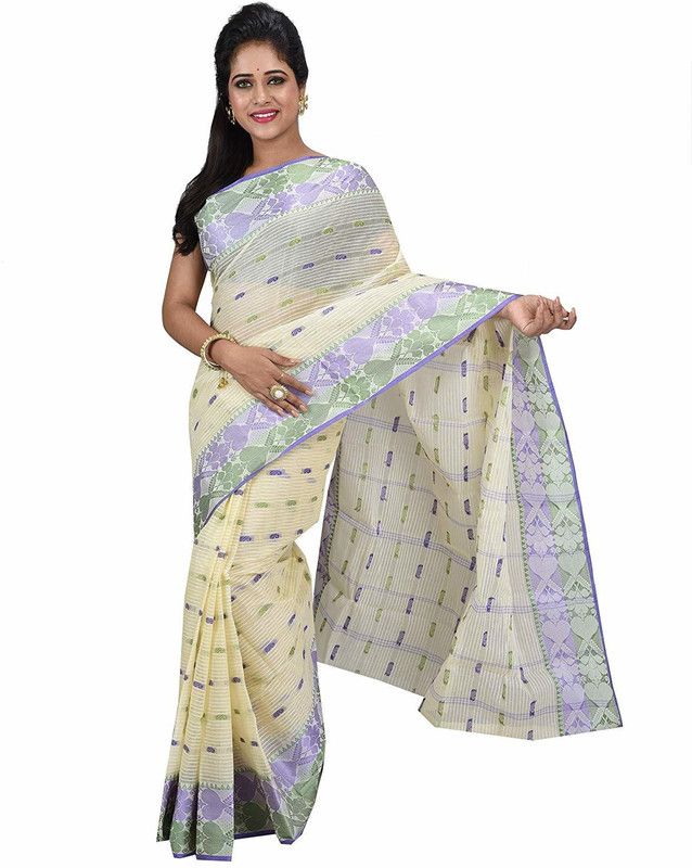 Self Design Tant Handloom Pure Cotton Saree  (Green, Blue, Cream)