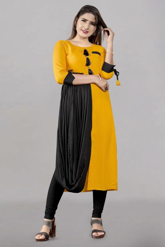Women Colorblock Viscose Rayon Straight Kurta  (Black, Yellow)