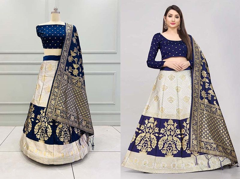 Self Design Semi Stitched Lehenga Choli  (White, Dark Blue)