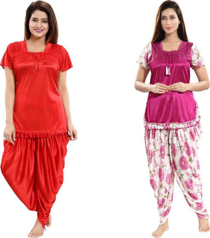 Women Top & Pyjama Set Red, Pink Printed