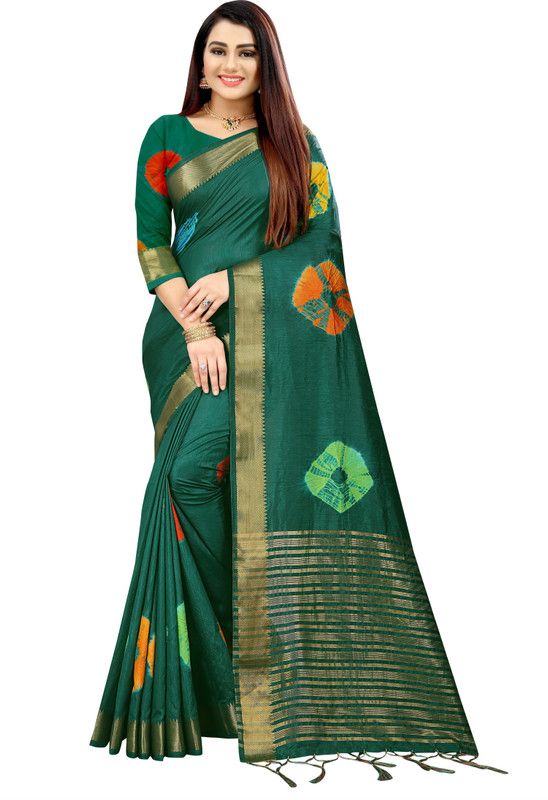 Bandhani Tussar Silk Saree  (Green)