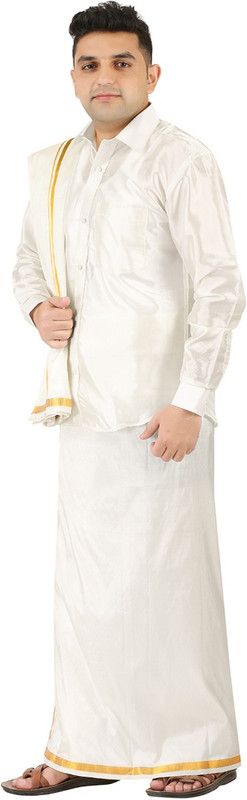Men Poly Silk Dhoti, Shawl and Shirt Set