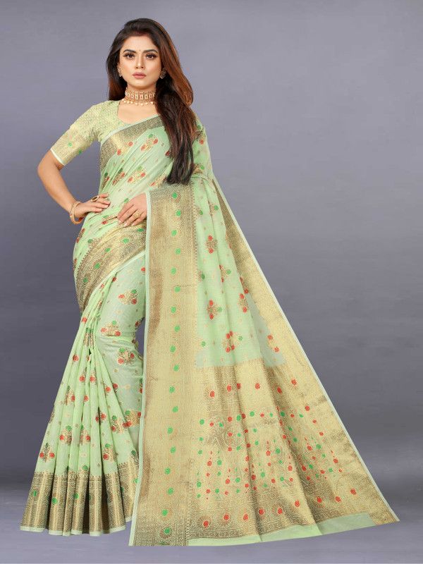 Checkered, Printed, Self Design, Digital Print, Embellished, Floral Print Kanjivaram Jacquard Saree  (Light Green)
