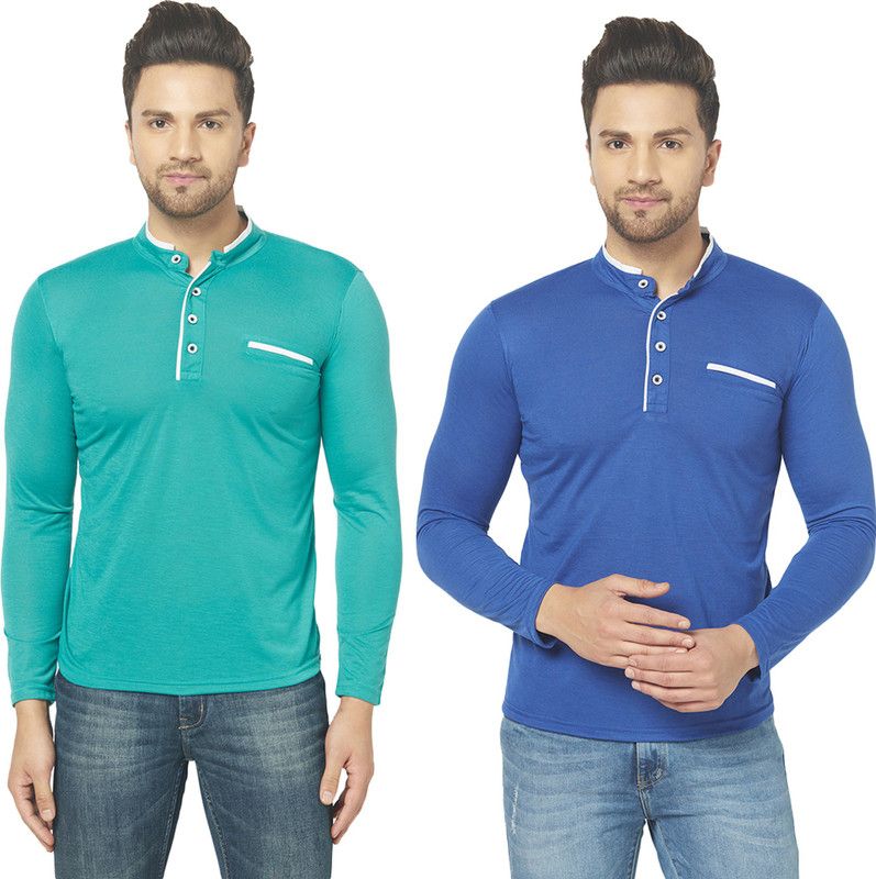 Pack of 2 Men Solid Henley Neck Cotton Blend Dark Blue, Light Green T-Shirt
