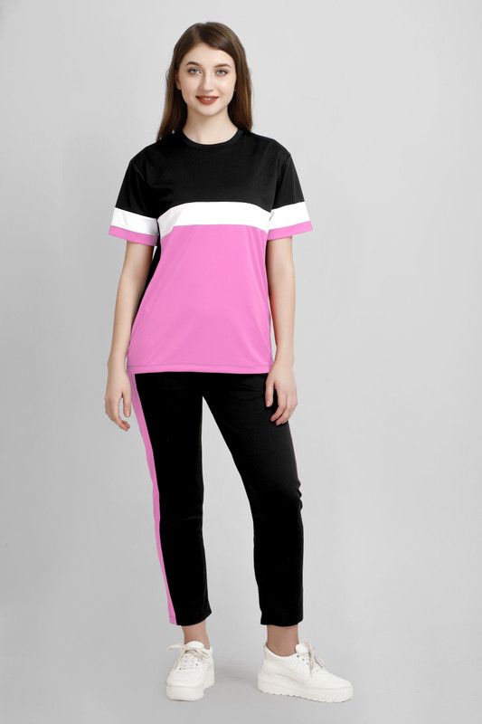 Women Top & Pyjama Set Pink, Black Colorblock