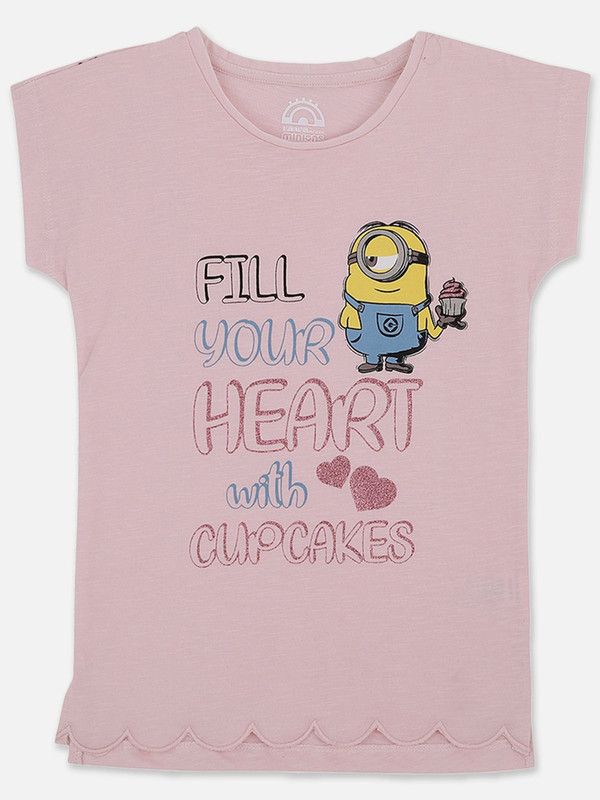 MINIONS Girls Graphic Print Pure Cotton T Shirt  (Pink, Pack of 1)