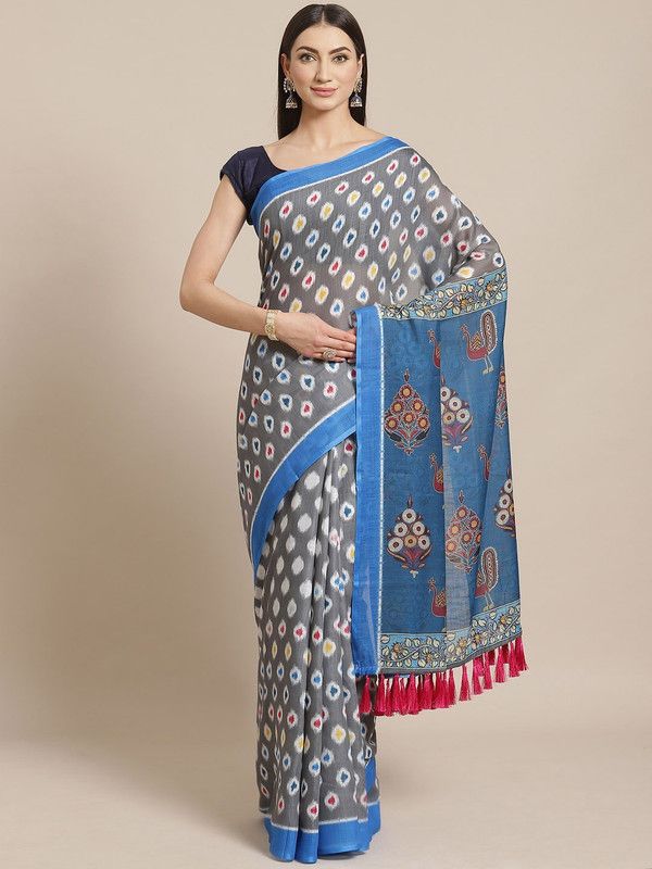 Geometric Print Ikkat Linen Saree  (Grey)