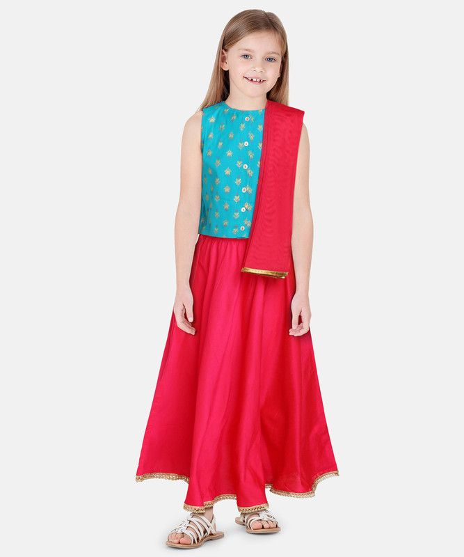 Girls Lehenga Choli Ethnic Wear Floral Print Lehenga, Choli and Dupatta Set  (Blue, Pack of 1)