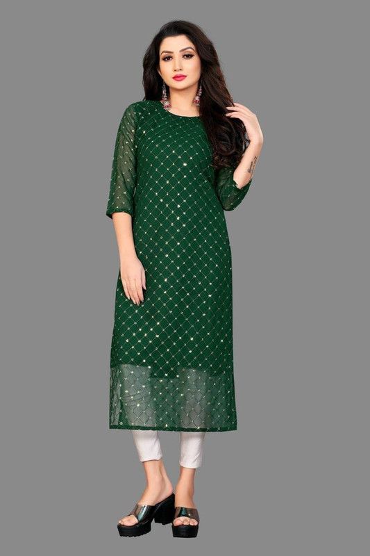 Women Printed Georgette Straight Kurta  (Dark Green)