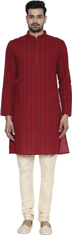 Men Self Design Pure Cotton A-line Kurta  (Red)