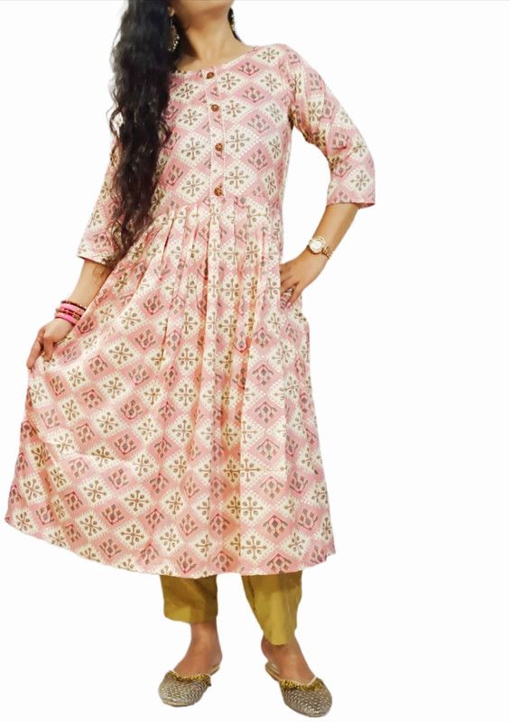 Women Ikat Cotton Rayon A-line Kurta  (Pink)