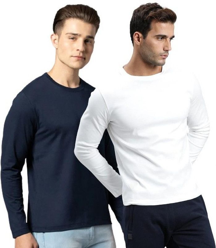 Pack of 2 Men Solid Round Neck Pure Cotton White, Dark Blue T-Shirt