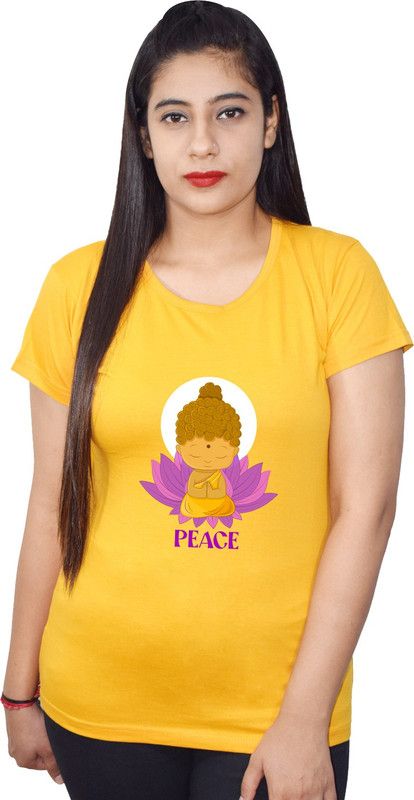 Pack of 2 Lord Bhudha Printed Women's Casual Round Neck Short Sleeve Solid Basic T shirt | black Top for women |Cotton T shirt | Top for women | Devotional T shirt Women Printed Round Neck Cotton Blend Yellow T-Shirt