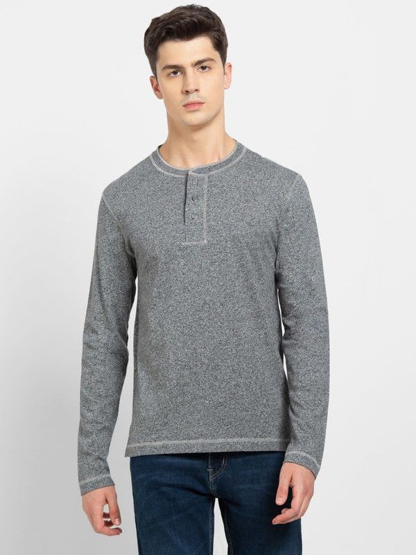 US87 Men Solid Henley Neck Pure Cotton Black T-Shirt