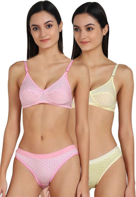 Bra & Panty Set Printed, Polka Print Pink, Yellow Lingerie Set