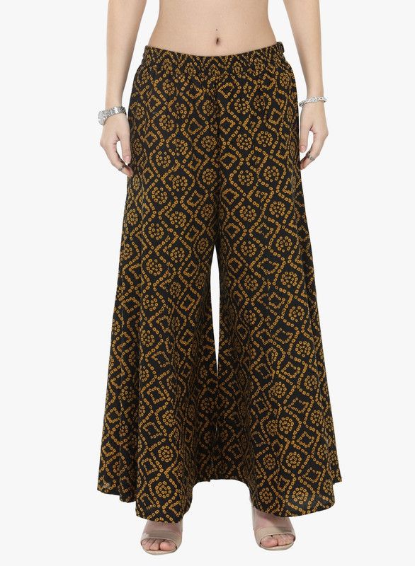 Women Regular Fit Black, Yellow Cotton Blend Trousers