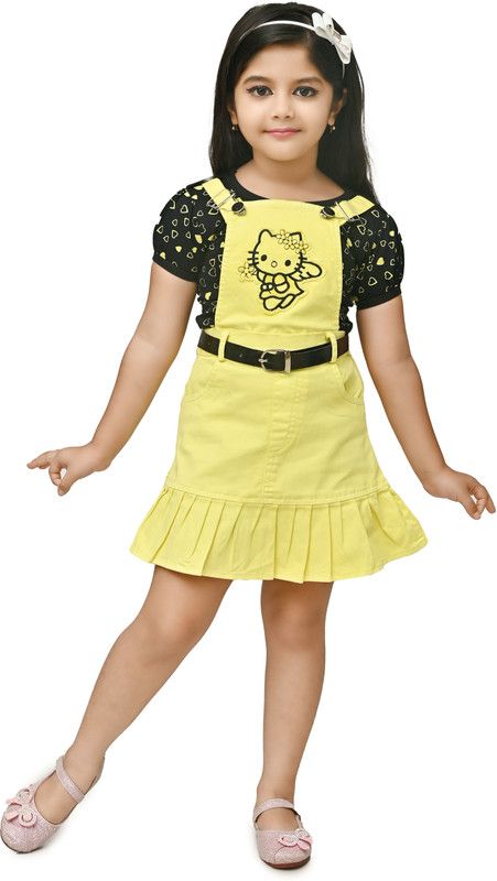 Dungaree For Baby Girls Party Graphic Print Denim, Pure Cotton  (Yellow, Pack of 1)