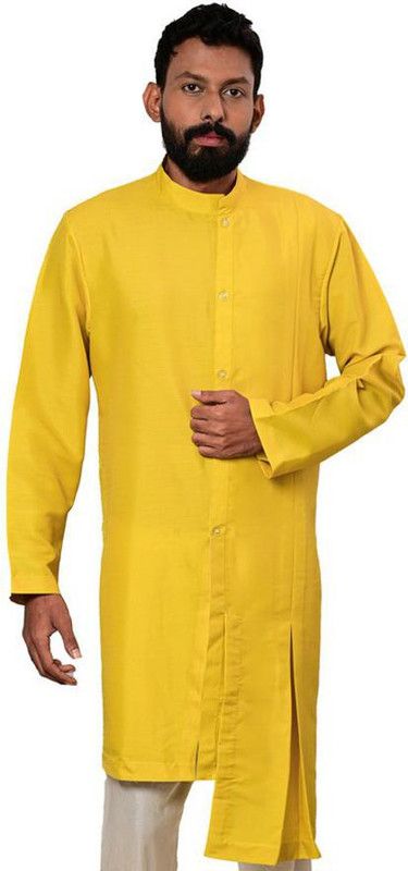 Men Solid Silk Blend Ethnic Dress  (Yellow)