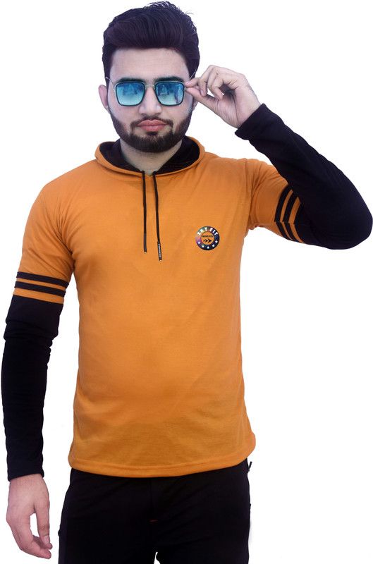 Logo printed hood Mustard Men Printed Hooded Neck Cotton Blend Yellow T-Shirt