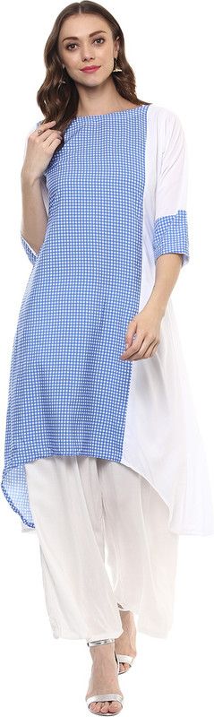 Women Checkered Crepe Asymmetric Kurta  (Blue)