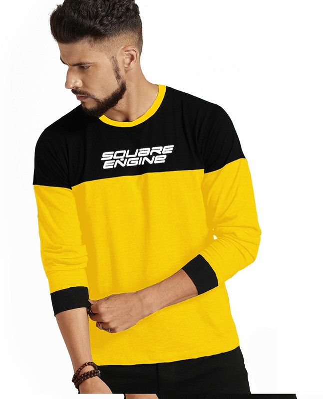 Men Colorblock Round Neck Cotton Blend Grey, Yellow T-Shirt