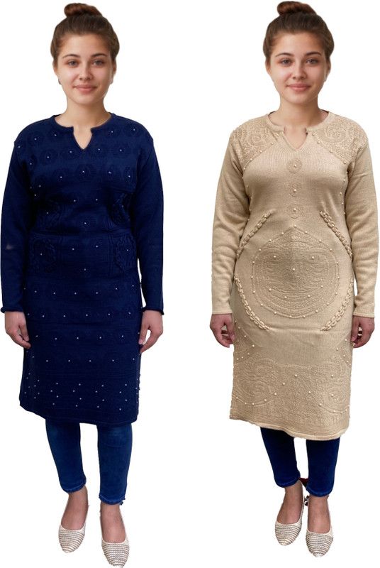 Pack of 2 Women Solid Wool A-line Kurta  (Dark Blue, Beige)