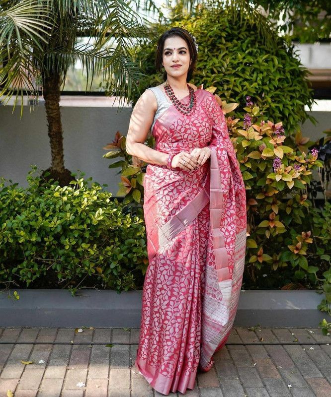 Striped Bollywood Pure Silk Saree  (Pink)