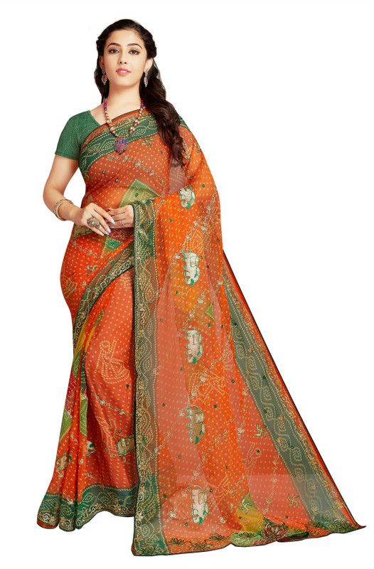 Printed, Embroidered Bandhani Georgette Saree  (Orange)