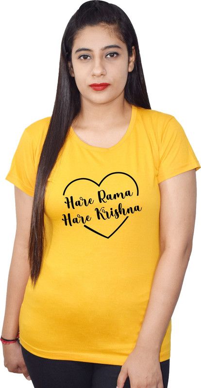 Heart Printed Women's Casual Round Neck Short Sleeve Solid Basic T shirt | black Top for women |Cotton T shirt | Top for women | Devotional T shirt Women Printed Round Neck Cotton Blend Yellow T-Shirt