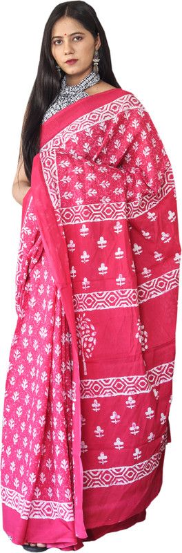 Blocked Printed, Color Block, Floral Print Daily Wear Pure Cotton Saree  (Pink)