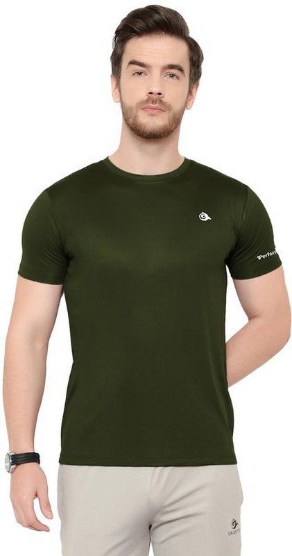 MEN'S FANCY T-SHIRT Men Solid Round Neck Elastane Dark Green T-Shirt