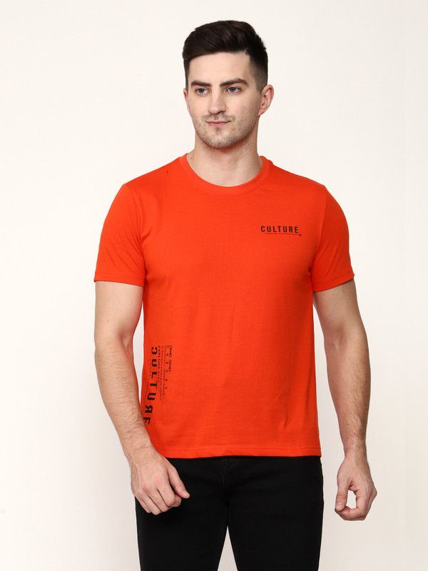 Men Typography Round Neck Pure Cotton Orange T-Shirt