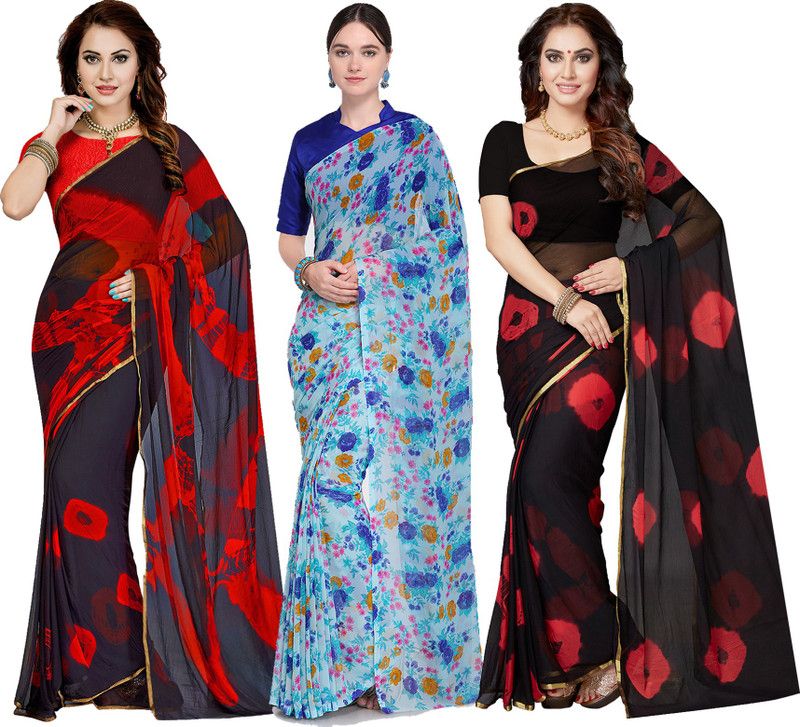 Printed Bollywood Georgette Saree  (Pack of 3, Blue)