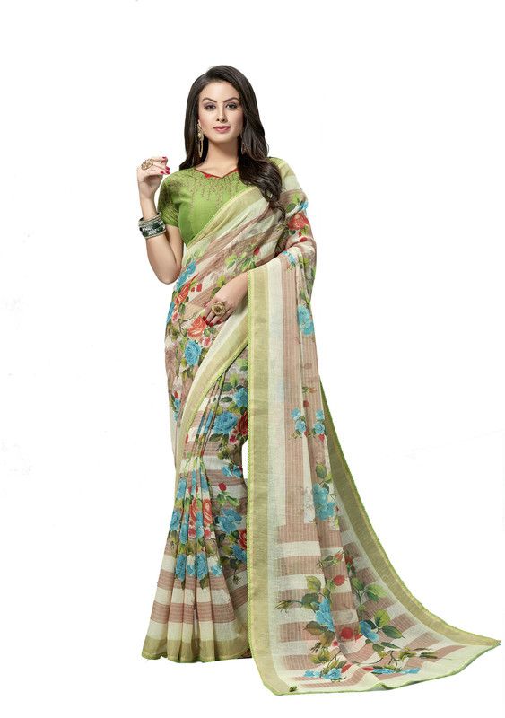 Printed Bollywood Linen Saree  (Cream)