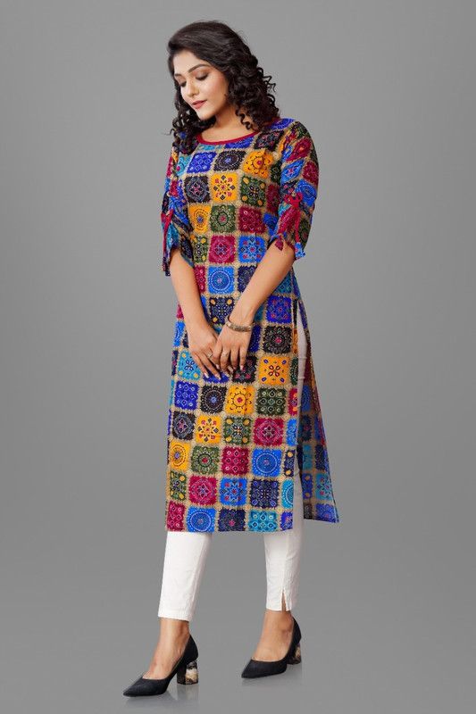 Women Printed Cotton Rayon Straight Kurta  (Multicolor)
