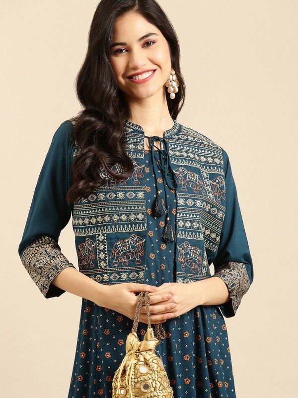 Women Embroidered Cotton Blend Anarkali Kurta  (Blue)