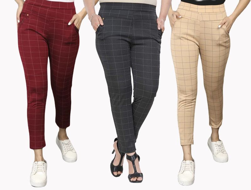 Pack of 3 Women Slim Fit Multicolor Lycra Blend Trousers