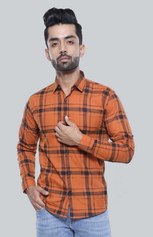 Men Checkered Casual Orange Shirt