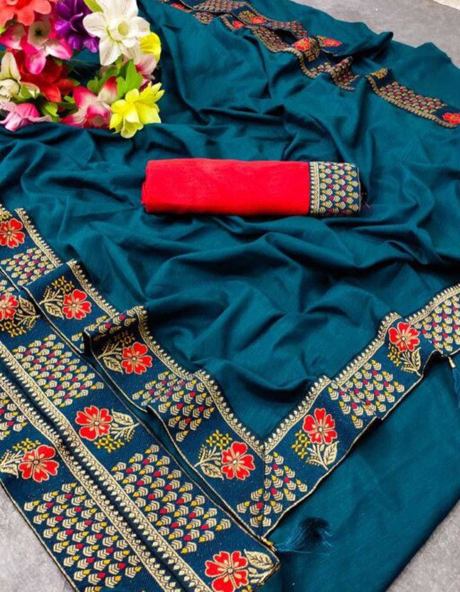 Embellished Assam Silk Art Silk Saree  (Blue)