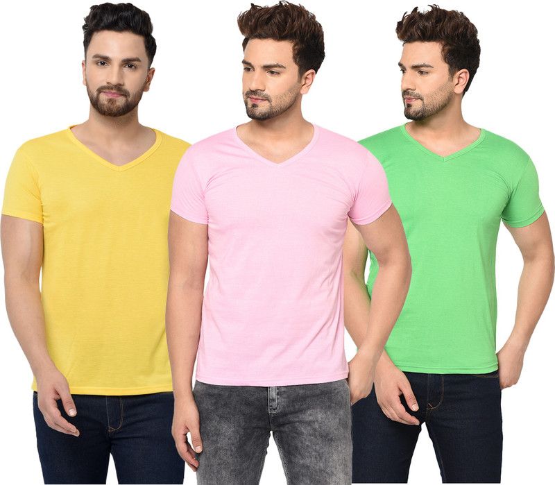 Pack of 3 Men Solid V Neck Cotton Blend Green, Pink, Yellow T-Shirt