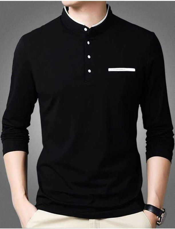 Men Solid Mandarin Collar Cotton Blend Black T-Shirt