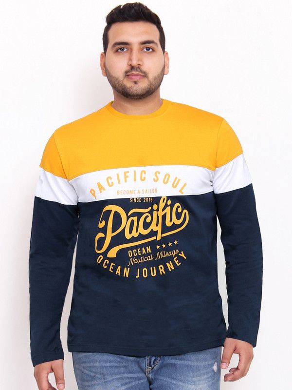 Men Printed Round Neck Pure Cotton Dark Blue, White, Yellow T-Shirt