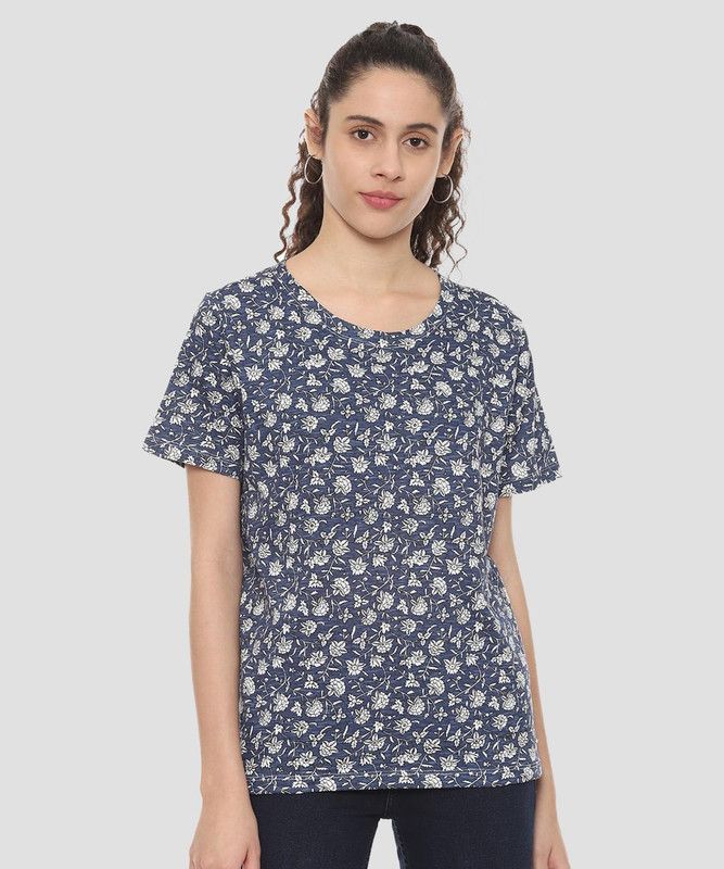 Formal Regular Sleeves Floral Print Women Dark Blue Top