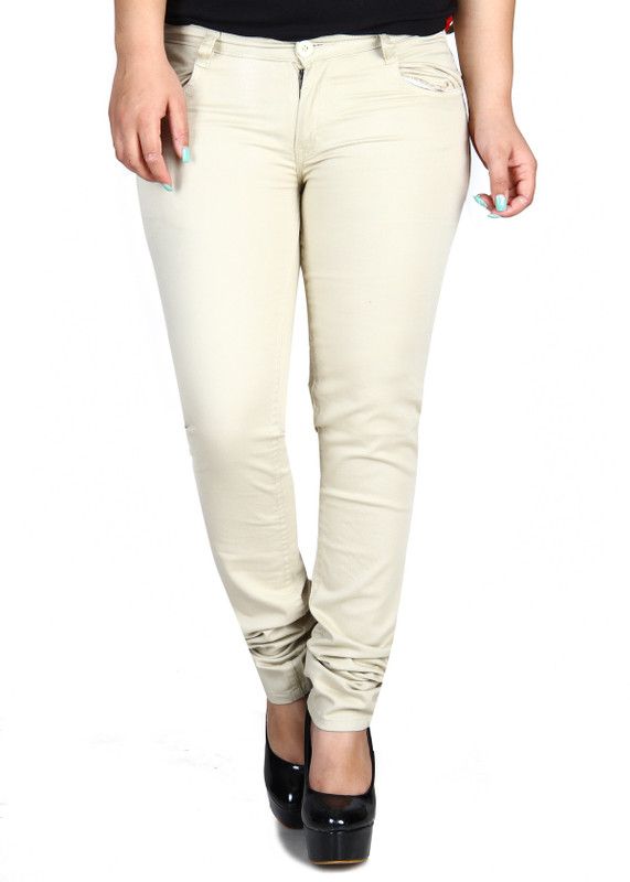 Women Slim Fit Beige Cotton Blend Trousers