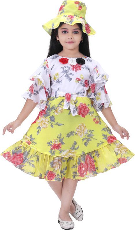 Girls Midi/Knee Length Casual Dress  (White, Fashion Sleeve)