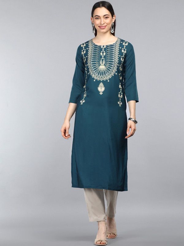 Women Printed Polyester Straight Kurta  (Dark Green)