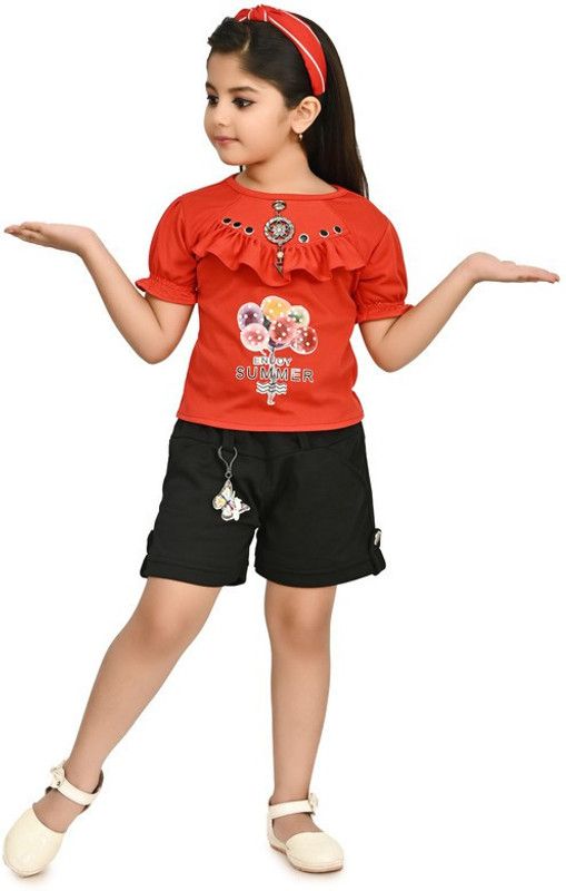FMSE Girls Casual Top Pant  (Red)