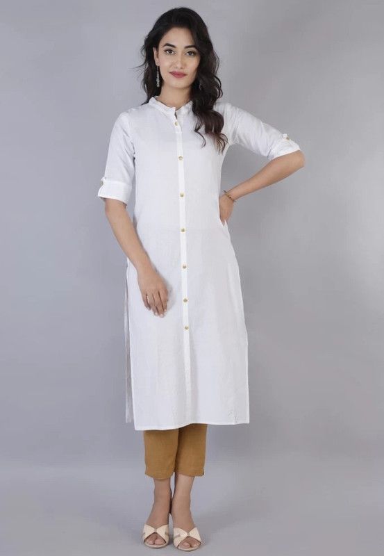 Women Solid Cotton Blend Straight Kurta  (White)