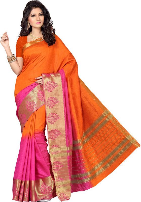 Solid/Plain Bollywood Art Silk Saree  (Pink, Orange)