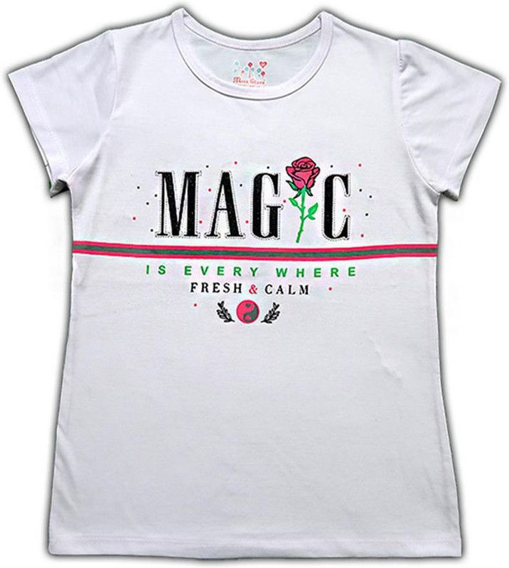 Girls Typography Polycotton T Shirt  (White, Pack of 1)